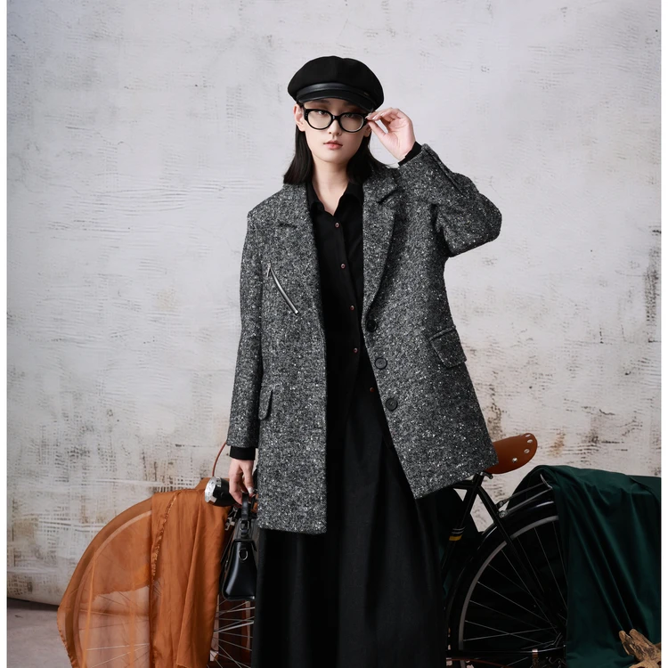 西町村屋复古中长款单面呢外套女秋冬新款休闲翻领上衣XA9D10021