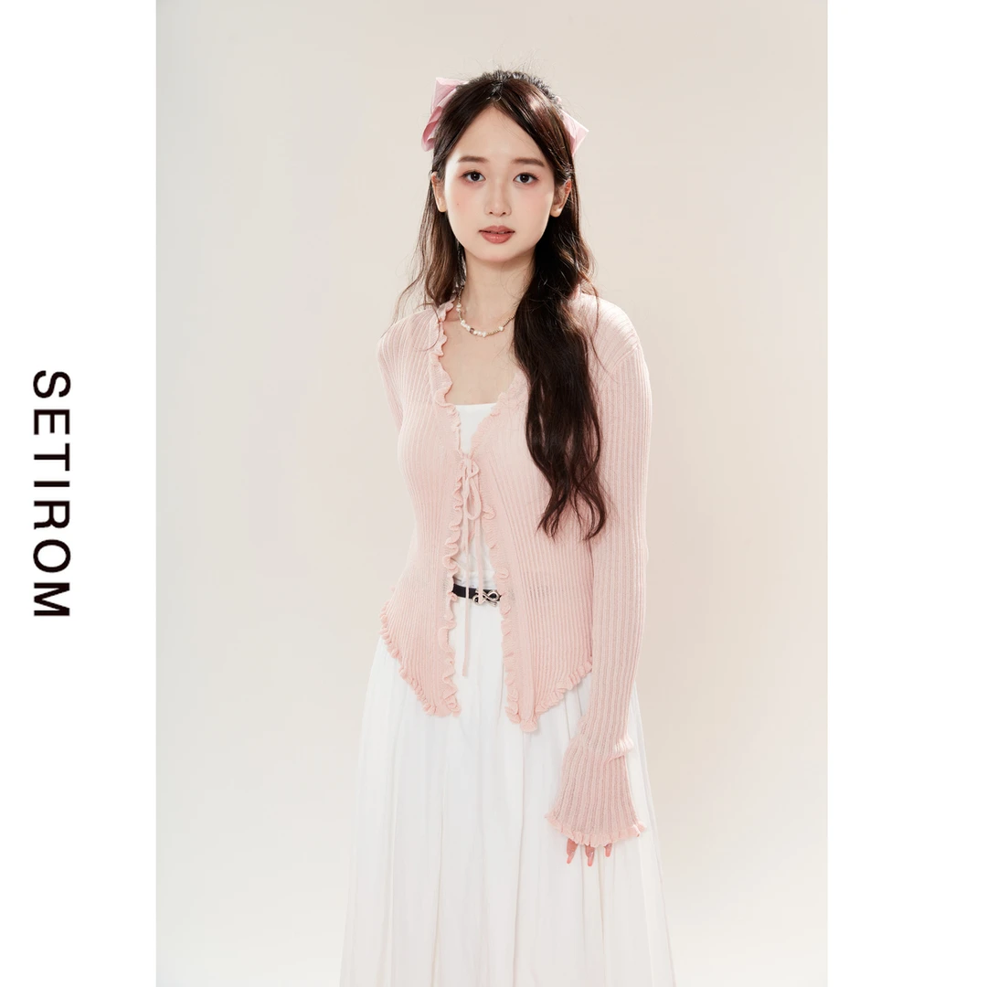 【西町村屋】W尖摆荷叶边针织开衫AC8213002