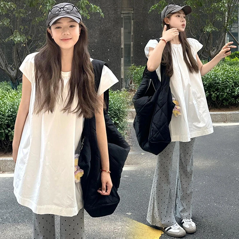 宽松辣妈两件圆领上衣+波点弹力喇叭裤2024夏季孕妇套装韩版时尚