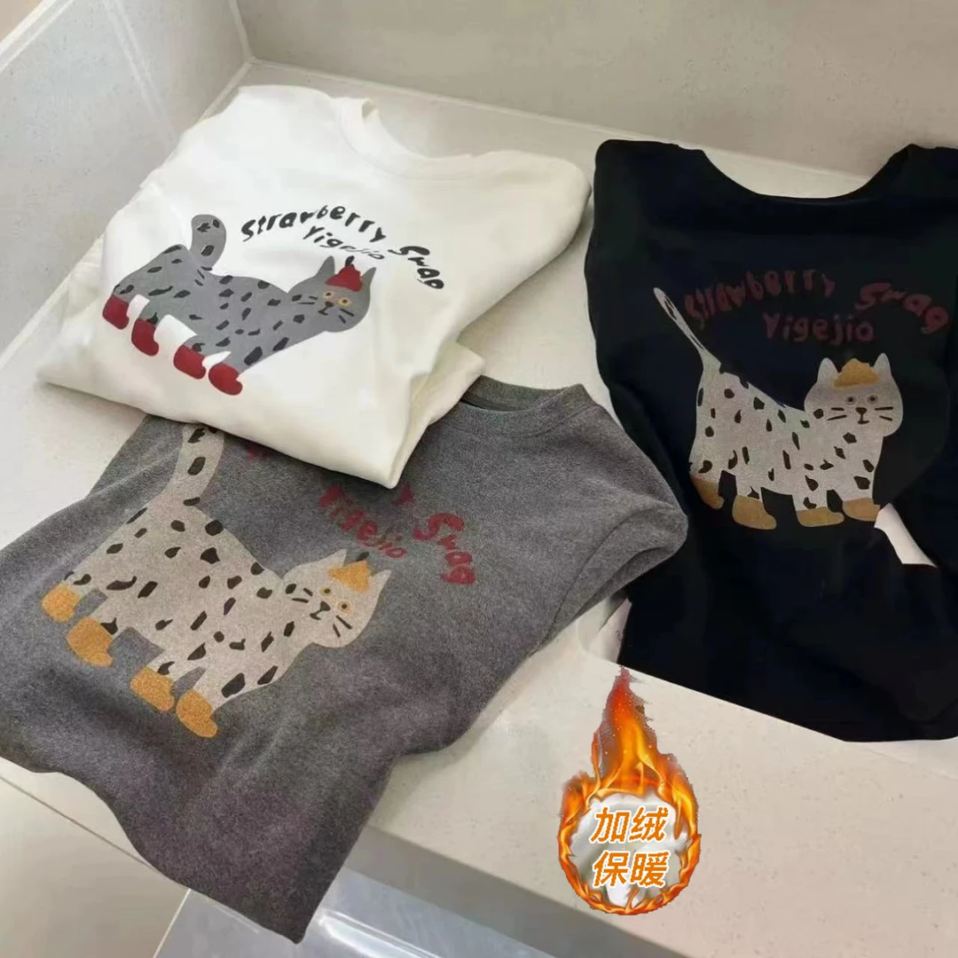 清仓-加绒保暖·外贸品质【数码印卡通猫咪】长袖搭显瘦保暖24194