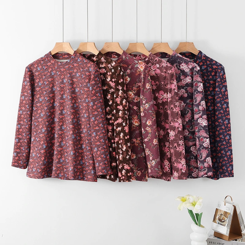 轻便磨绒中老年妈妈保暖秋衣打底衫碎花婆婆上衣秋冬弹力保暖小衫
