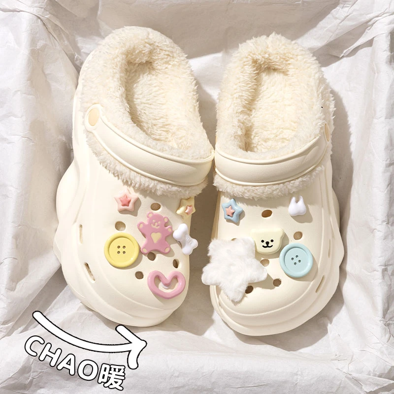 洞洞鞋女款秋冬季加绒保暖可拆卸外穿防滑厚底增高时尚百搭棉拖女