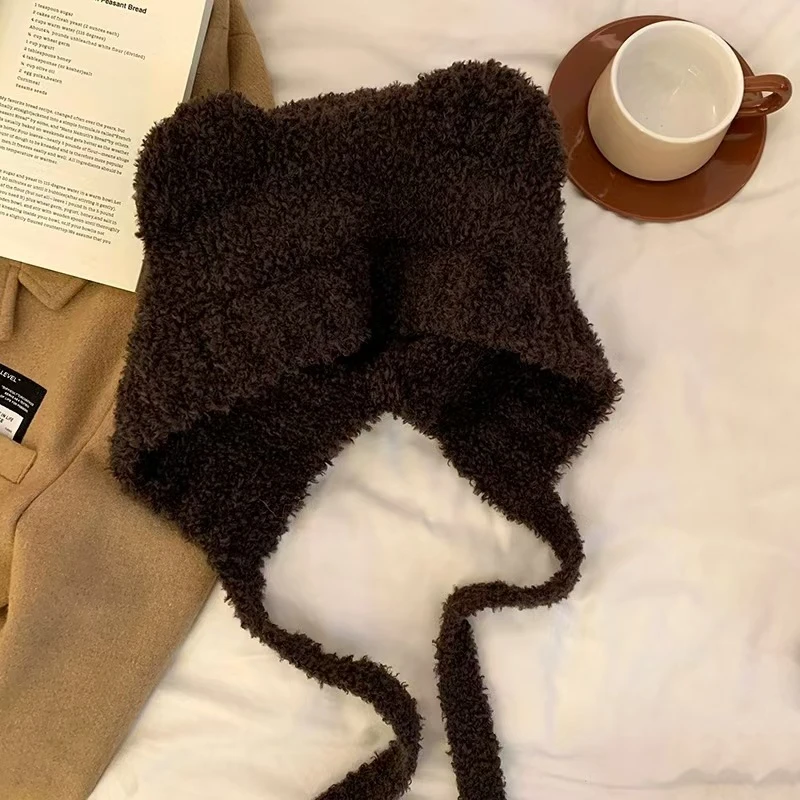 秋冬新款保暖毛绒系带耳朵帽子