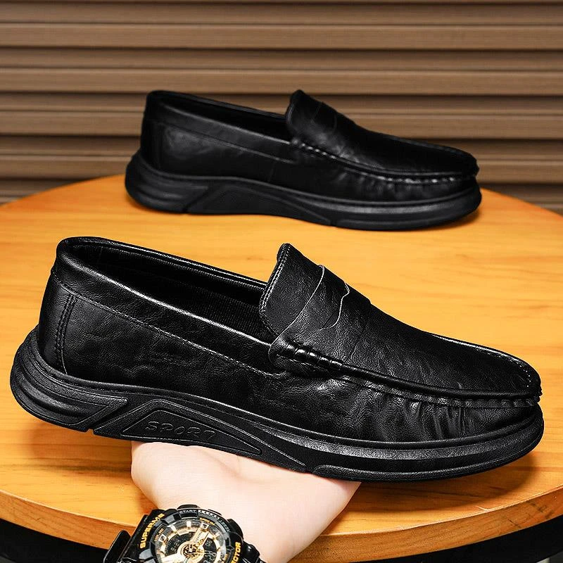 秋季男鞋商务休闲软底舒适上班工作开车爸爸鞋一脚蹬黑色豆豆皮鞋