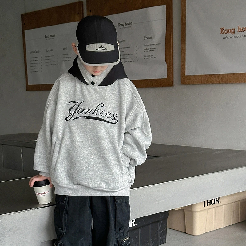 男童冬装加绒卫衣2024新款秋冬款中大童男孩冬季儿童加厚连帽上衣