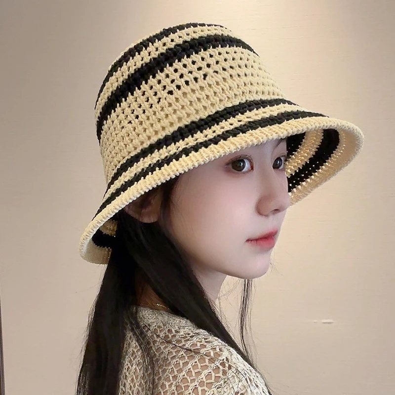 夏季拼色条纹草帽女户外显脸小学生遮阳帽度假百搭沙滩编织防晒帽