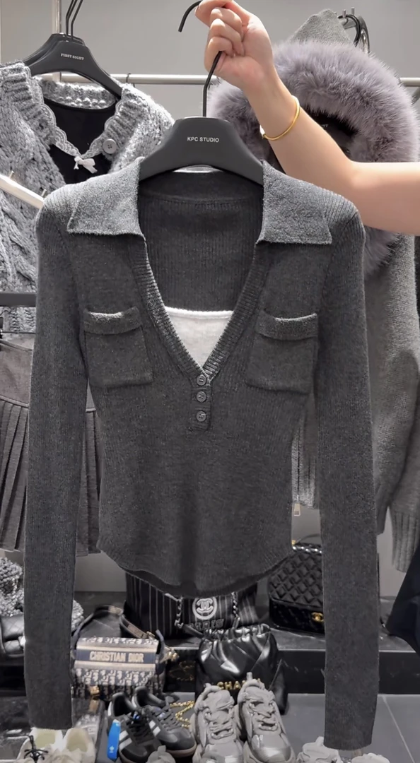 假两件拼接针织打底T恤（有垫肩）2024秋冬简约显瘦修身上衣女