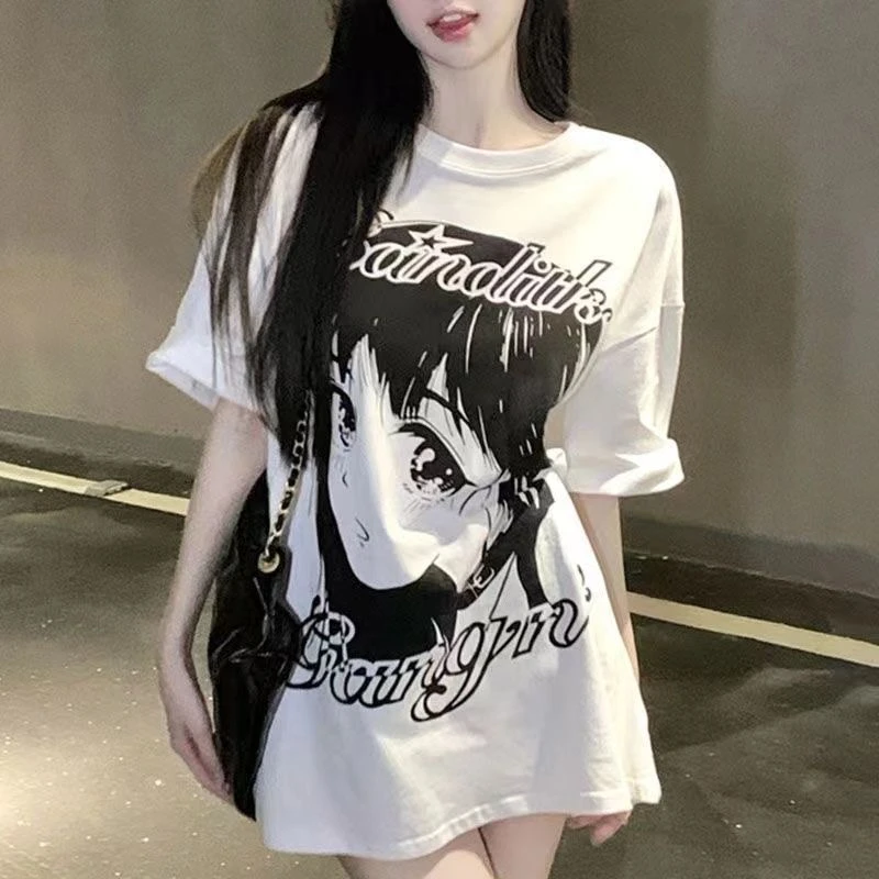 100%纯棉漫画少女潮牌短袖t恤女夏季宽松大码中长款百搭上衣女潮