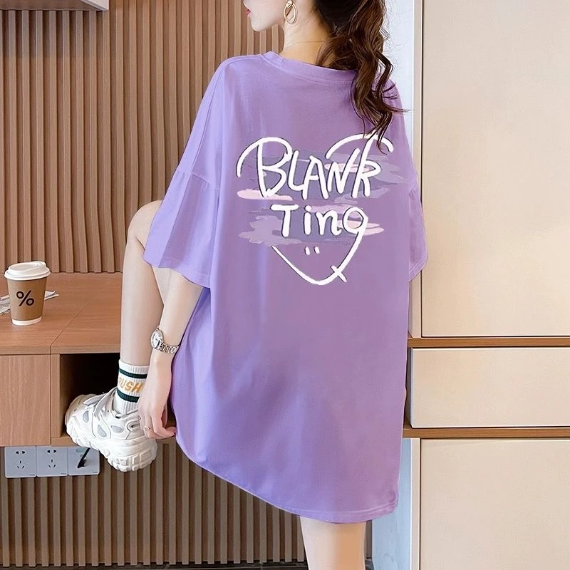 纯棉短袖t恤女ins潮卡通印花2024新款夏设计感中长款洋气宽松上衣