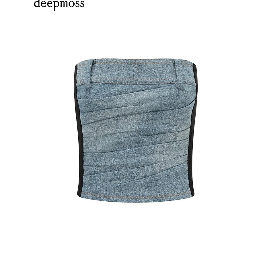 提前6.18-DEEPMOSS小众设计师品牌时尚牛仔拼接斜褶抹胸短上衣
