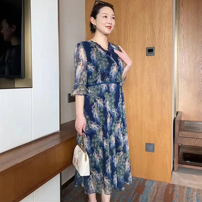 妈妈夏装网纱连衣裙2023新款中老年女夏季中长款洋气雪纺高贵裙子