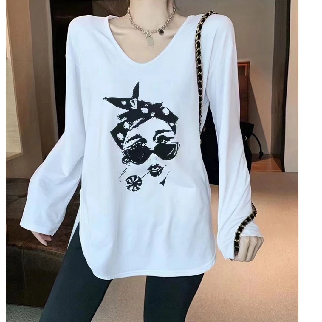 中长款长袖V领t恤女秋冬季棉内搭显瘦遮屁股加厚打底衫上衣ins风