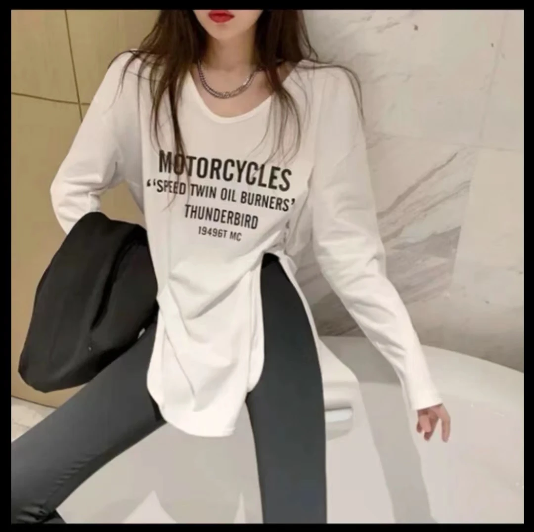 2025秋冬新款V领字母锁骨T桖内搭宽松百搭开叉白色上衣女ins网红
