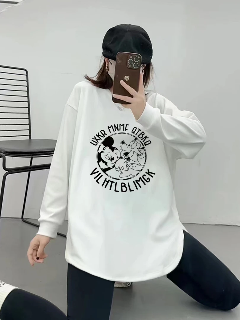 欧货撞色棉长袖t恤减龄趣味卡通米奇印花时尚宽松上衣