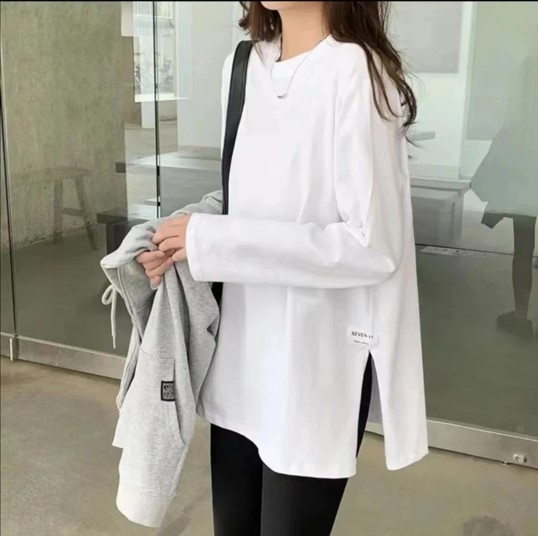 白色中长款打底衫女2025年新款内搭秋冬季宽松长袖t恤女上衣