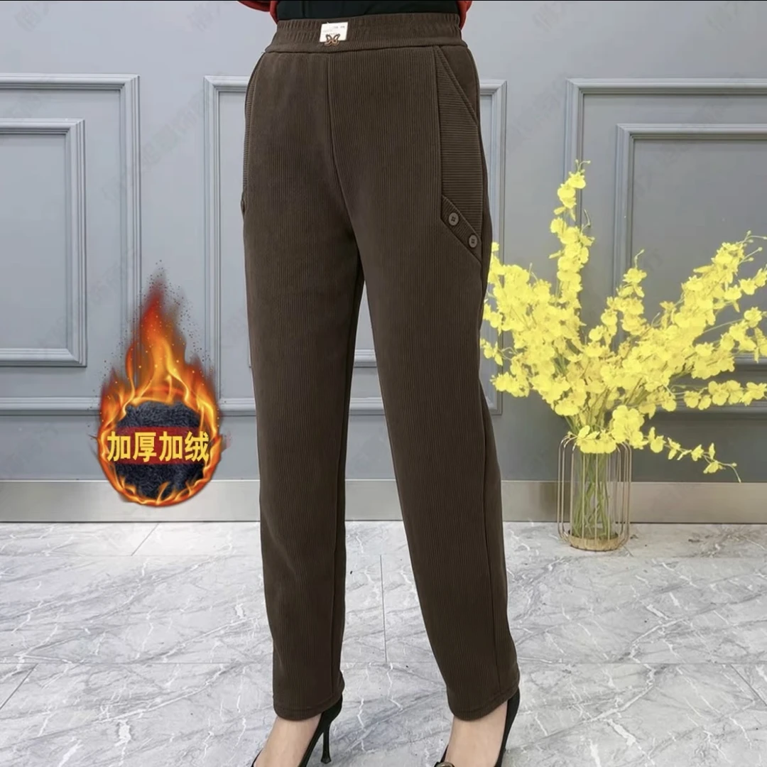 冬季中老年女装妈妈装加绒加厚宽松高腰小脚裤女式冬装保暖休闲裤