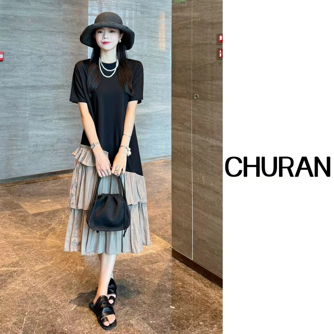 U.V.Y2024夏季新款时尚气质复古拼接收腰黑色法式女装连衣裙子