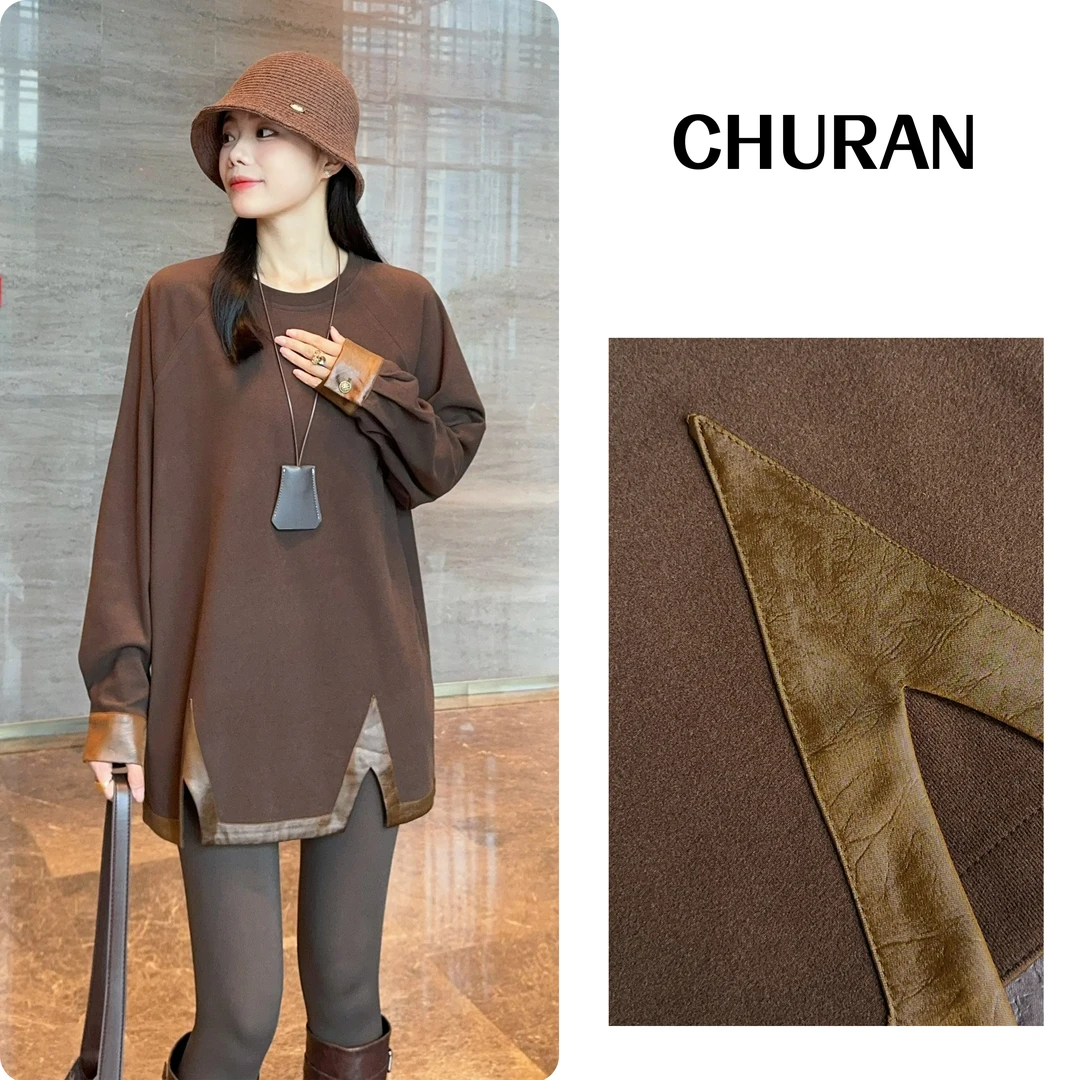 U.V.Y早秋新款圆领开叉拼接仿皮POLO袖宽松百搭纽扣T恤长袖上衣女