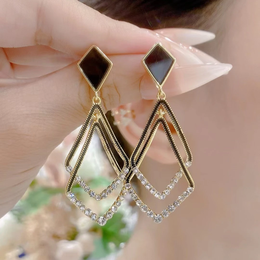 铜合金耳饰 手工描绘双菱形耳环4441号时尚气质百搭个性潮流新款