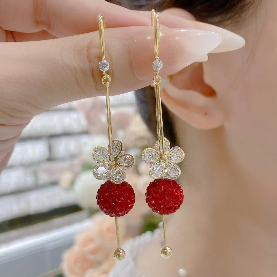 铜合金耳饰 花朵红球耳环4607号优雅气质流苏时尚百搭潮流新款