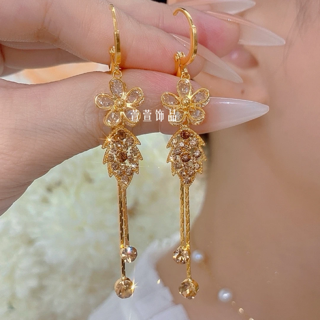 铜合金耳饰 花朵树叶流苏气质时尚百搭长款轻奢高级感耳环0202-1
