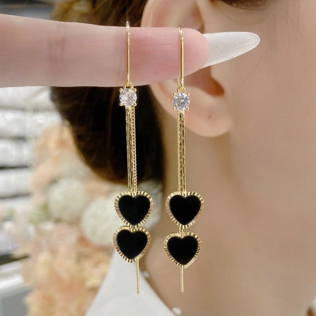 铜合金耳饰 双层黑色桃心耳线4517号优雅气质时尚潮流百搭必备新