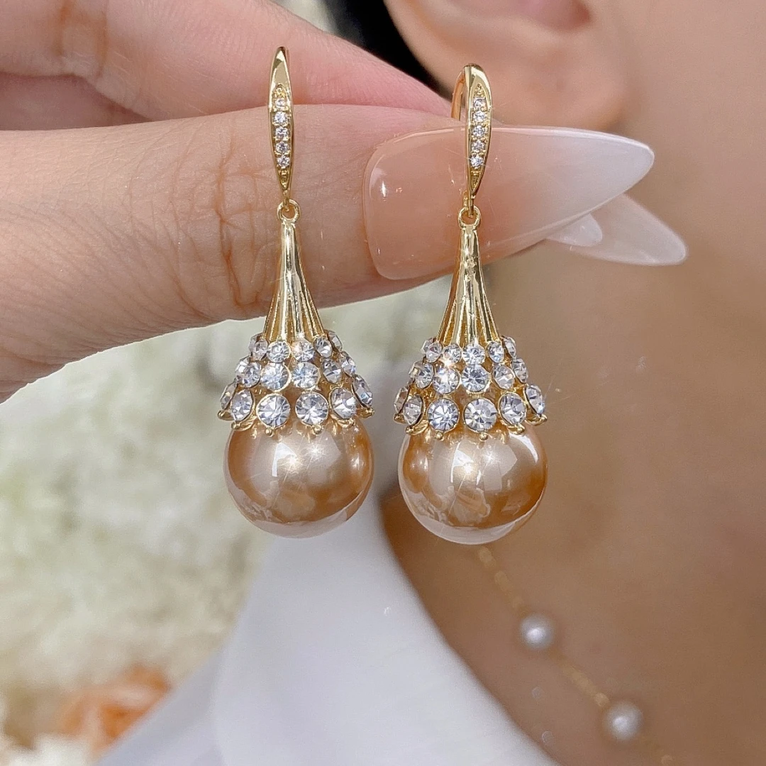 铜合金耳饰 轻奢大气耳环金色长款百搭气质潮流时尚珠珠精致