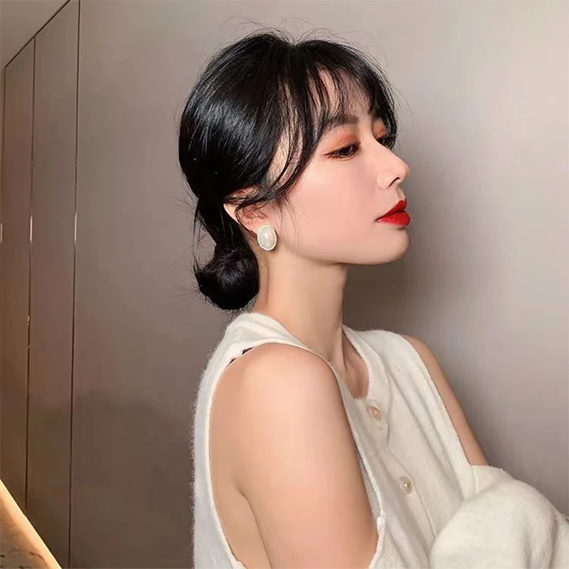 ins银针复古法式椭圆珠珠耳钉女简约时尚耳环韩国网红气质耳饰品