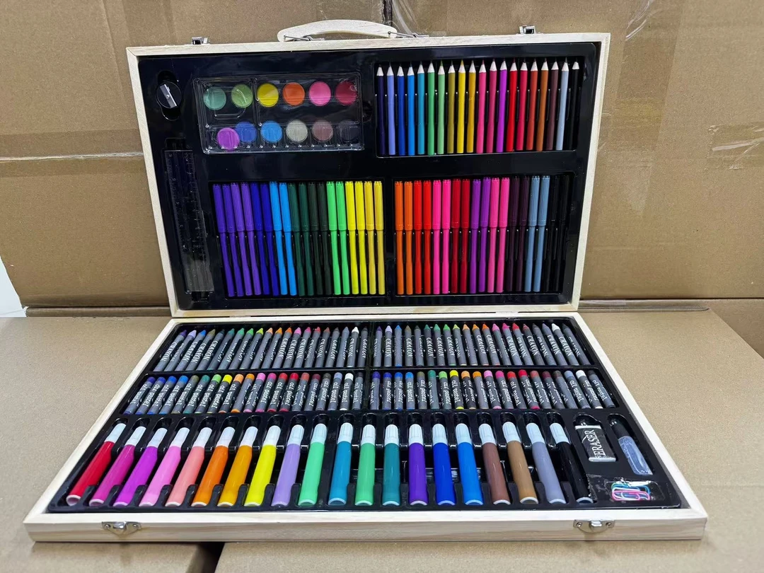 180件木盒画笔套装儿童礼盒培训礼品毕业礼物水彩笔蜡笔
