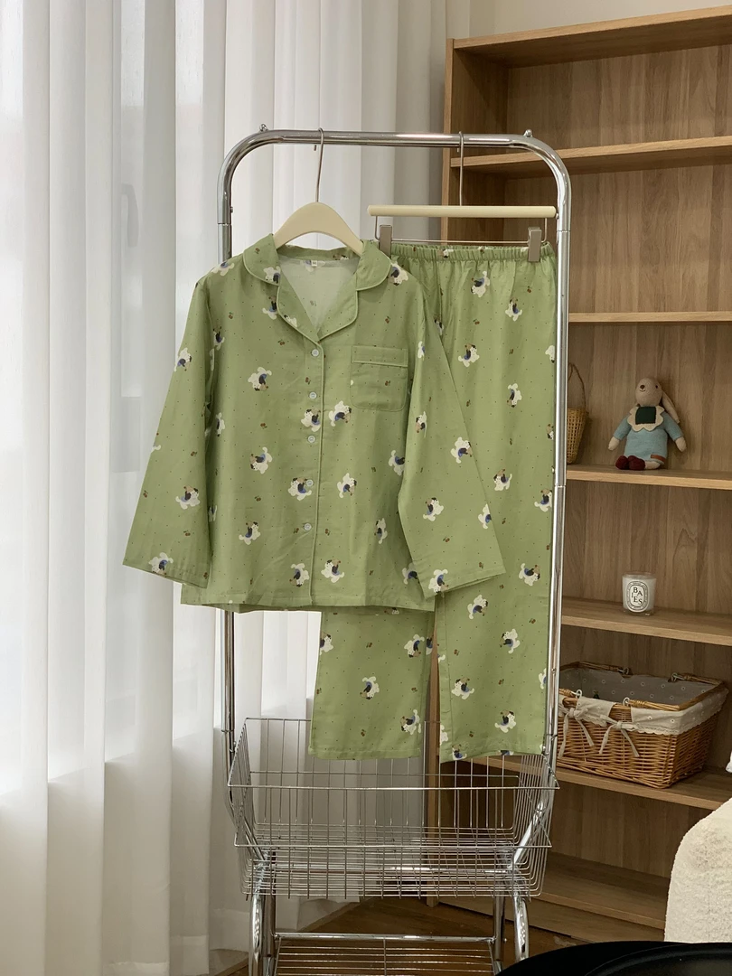 【MJ】ins风全棉有氧双层纱碎花长袖睡衣套装女家居服甜美印花