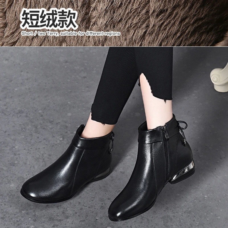 CN18-372325-真皮短靴女圆头粗跟软皮蝴蝶结加绒棉鞋马丁靴
