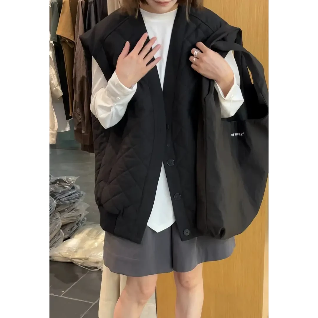 【Q】新款V领夹棉外套女2025早春新款百搭菱形格休闲马甲LZX975