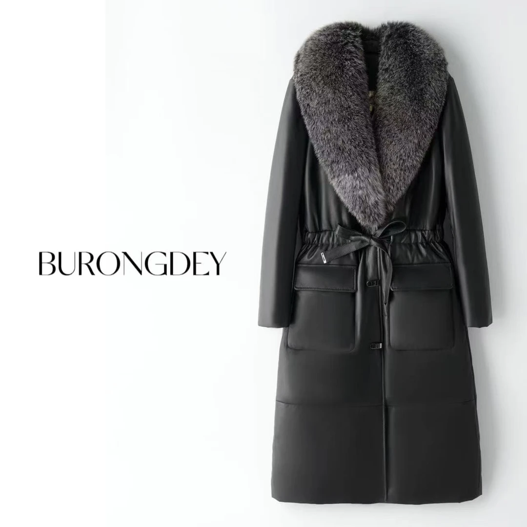 24023佰朗帝BURONGDEY真皮绵羊皮羽绒服 狐狸毛领长款鹅绒服时尚
