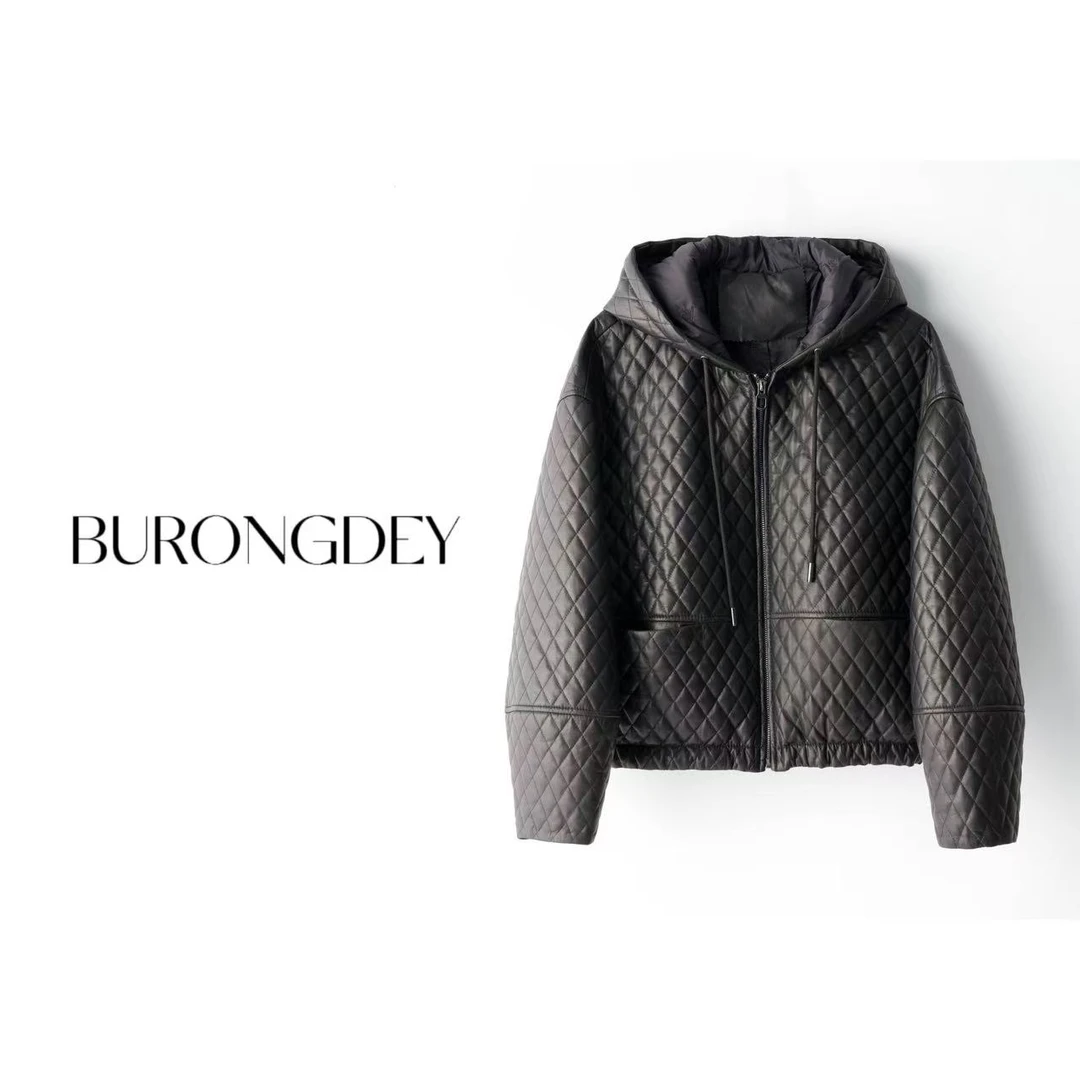 佰朗帝/BURONGDEY 女士真皮绵羊皮衣冬季桑蚕丝保暖连帽短款休闲