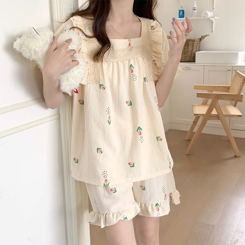 绵绸睡衣女可外穿夏天甜美短袖短裤套装夏季女士薄款网红家居服薄