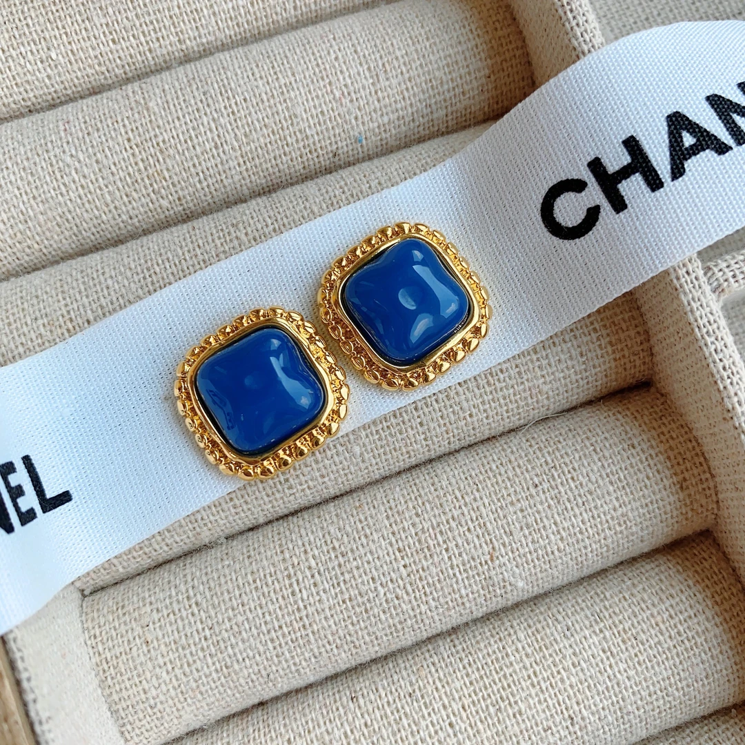 铜合金树脂耳饰 【复古莫兰迪色调】法式优雅蓝色方形几何镀金银针