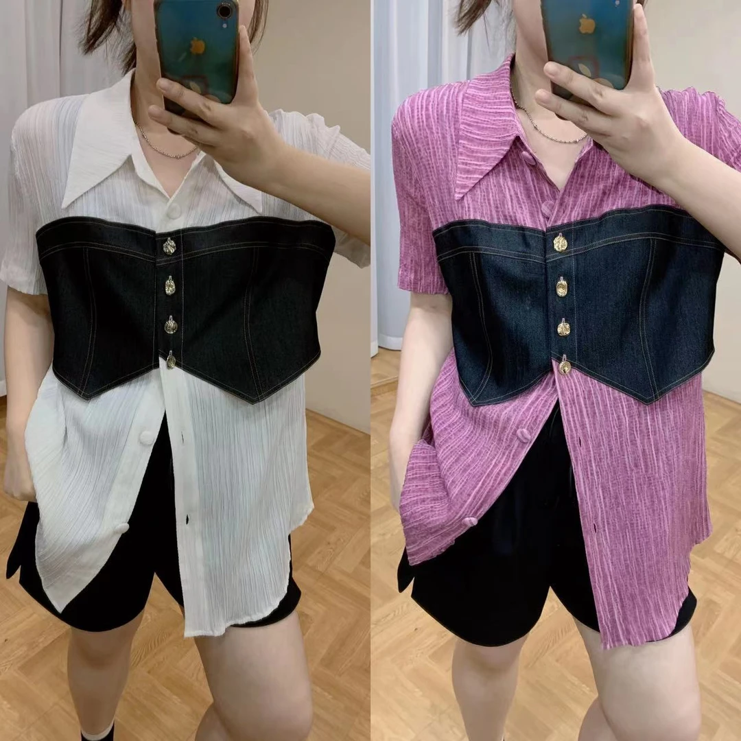 晶咕【双双宠粉】【克里丝丁】肌理感假两件拼接衬衫气质针织衬衣百搭