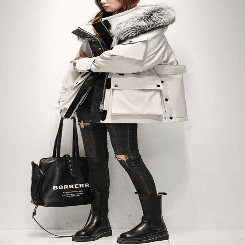 派克羽绒服女中长款高领2023年新款冬真大毛领白鸭绒廓形工装外套