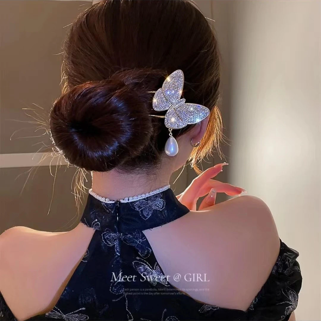 蝴蝶珠珠U型簪新中式高级感古风发簪旗袍搭配发饰a151