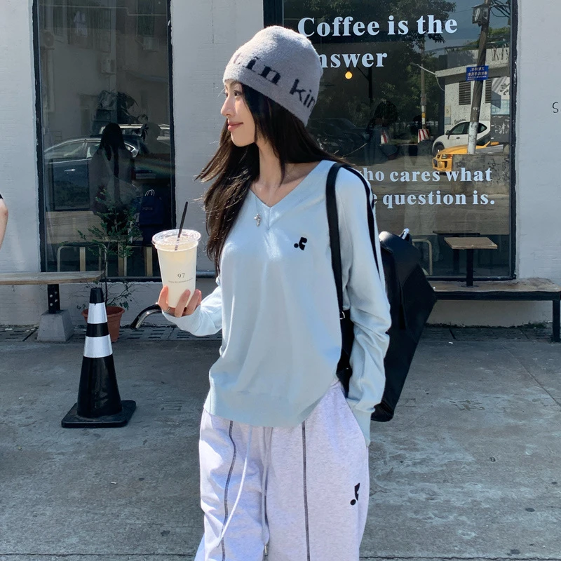 韩系小众2024秋冬新款宽松慵懒v领刺绣拼接长袖毛衣