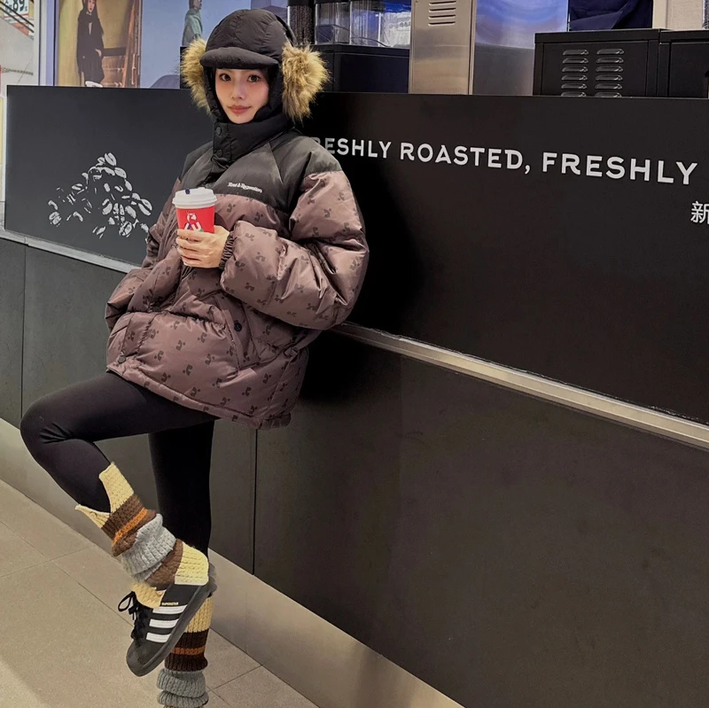 韩版2024秋冬新款满印羽绒服女立领加厚外套学生男女情侣