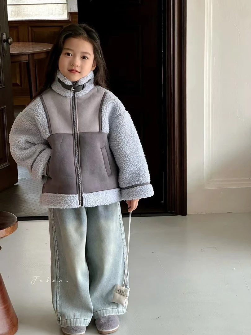 6959【AW】韩版女童儿童拼色毛毛外套 Keke