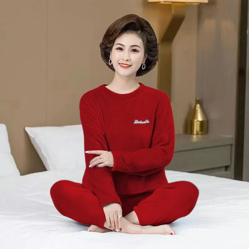 秋冬新款睡衣女套装珊瑚绒睡衣保暖加厚睡衣加绒外穿圆领时尚宽松