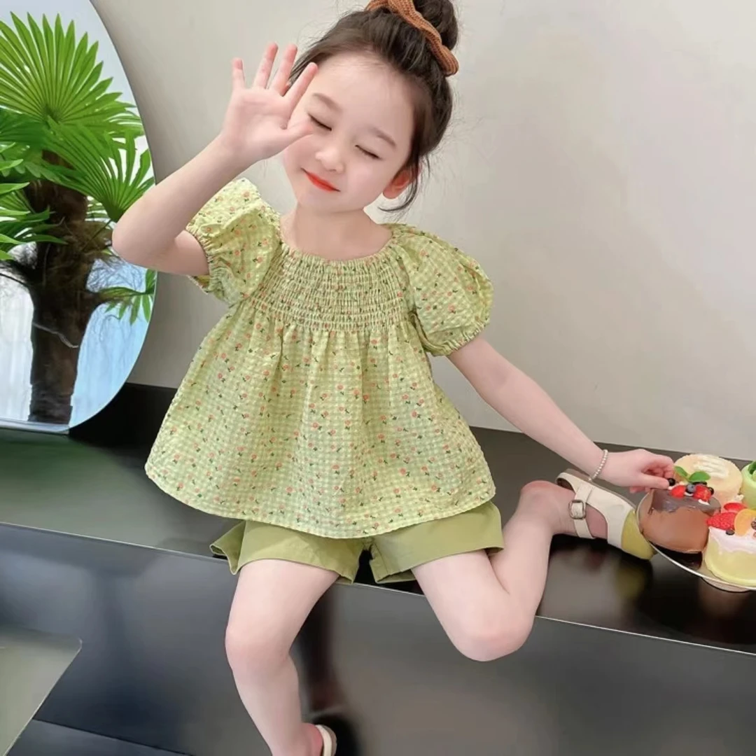 【现货】女童碎花短袖套装夏季新款洋气宝宝棉布娃娃衫短裤两件套