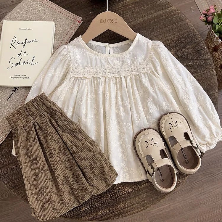 女童秋季衬衫娃娃衫长袖T恤3岁甜美花边衬衣儿童洋气韩版春秋装潮