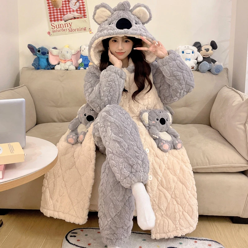 三层夹棉加厚加绒睡袍可外穿冬季睡衣女士卡通珊瑚绒家居服 9011