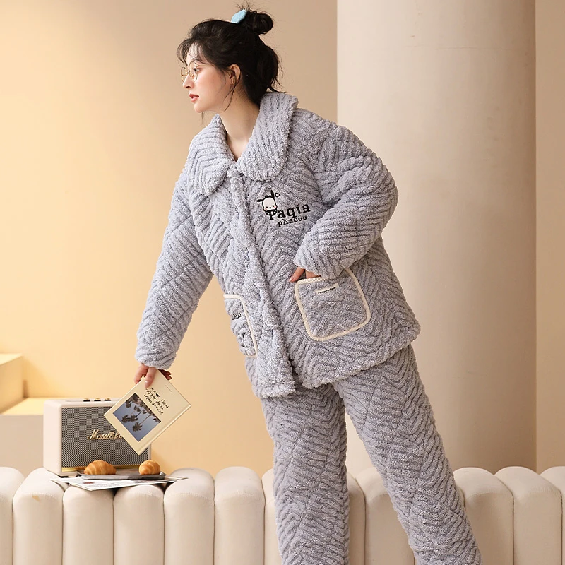 三层加厚夹棉冬季睡衣女士法兰绒卡通甜美珊瑚绒家居服套装 8975