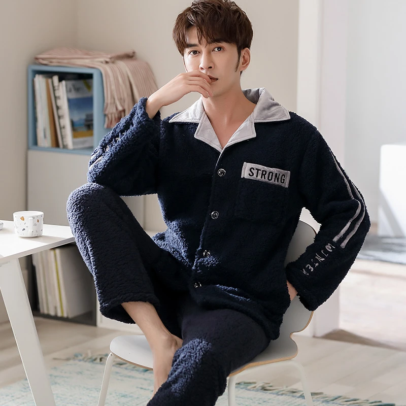 法兰绒睡衣男士秋冬季加厚可外穿珊瑚绒韩版宽松家居服套装 1192