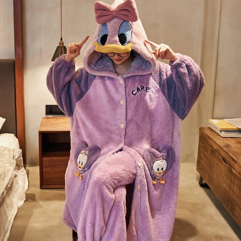 珊瑚绒睡袍女士秋冬季法兰绒睡衣女连帽加厚保暖卡通家居服 2171
