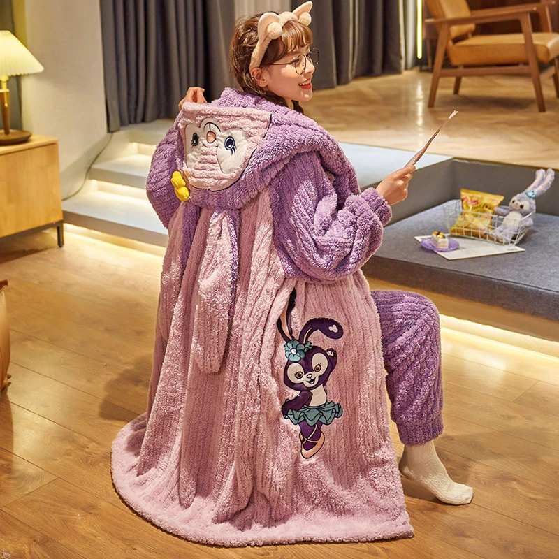 珊瑚绒睡袍女士秋冬季法兰绒睡衣女连帽加厚保暖卡通家居服 2205